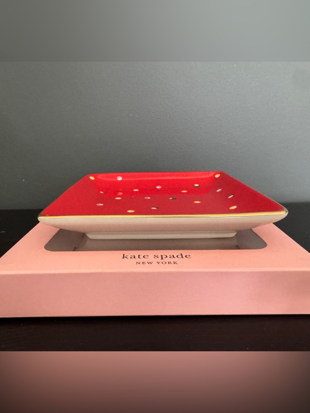 Kate Spade Lenox Christmas Jewelry Trinket Tray Dish Red w/ Dots 5-3/4” - Picture 3 of 5